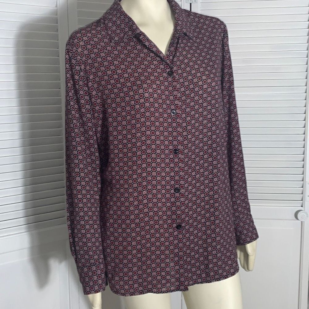 Vintage 90’s Chiffon Burgundy Wine Floral Retro Print Button Down Long Sleeve To